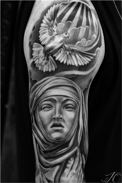 Grey Ink Saint Mary With Flying Bird Tattoo On Half Sleeve B
