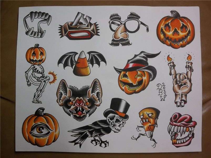 Halloween: Traditional Tattoo Flash Sheet. $10.00, via Etsy.