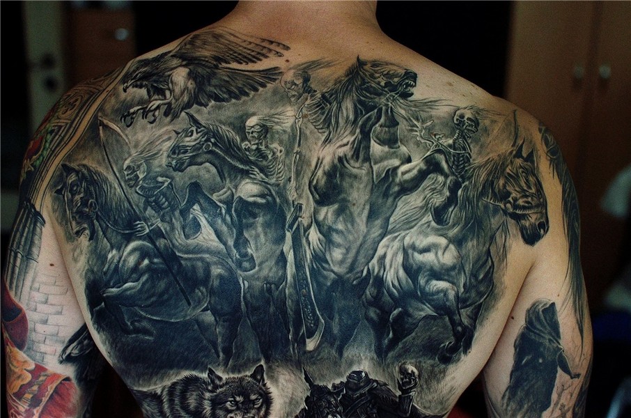 Horsemen of the apocalypse back tattoo by Stefan at Holy Gra