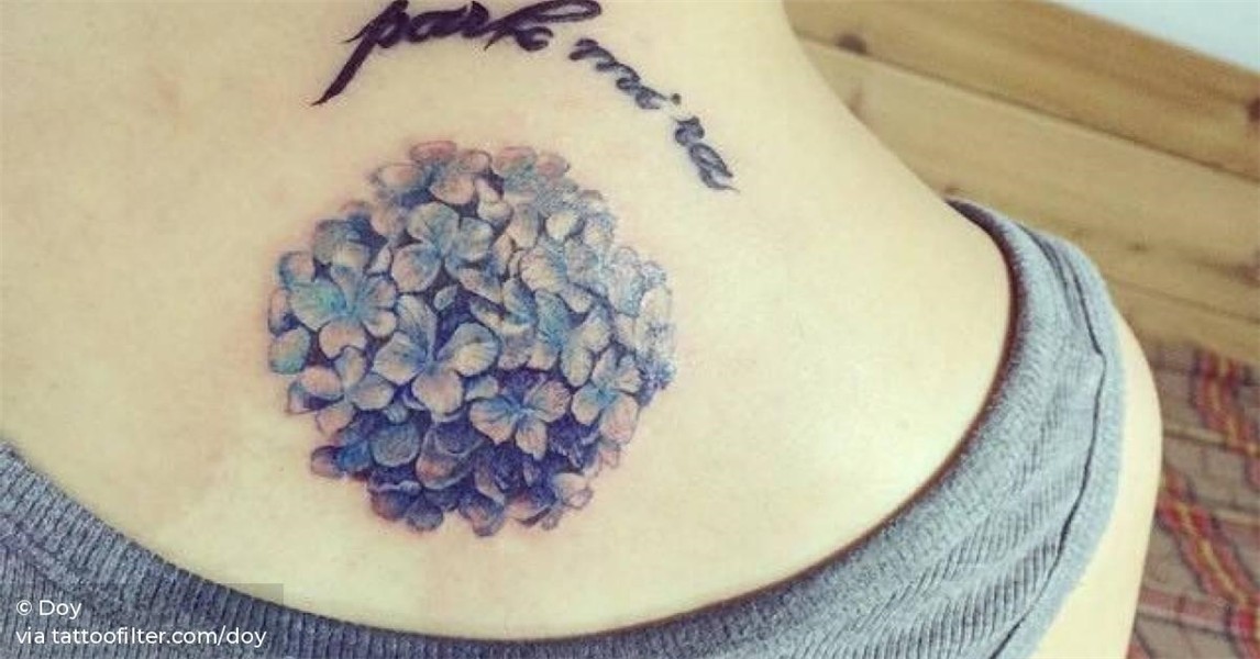 Hydrangea tattoo on the upper back.