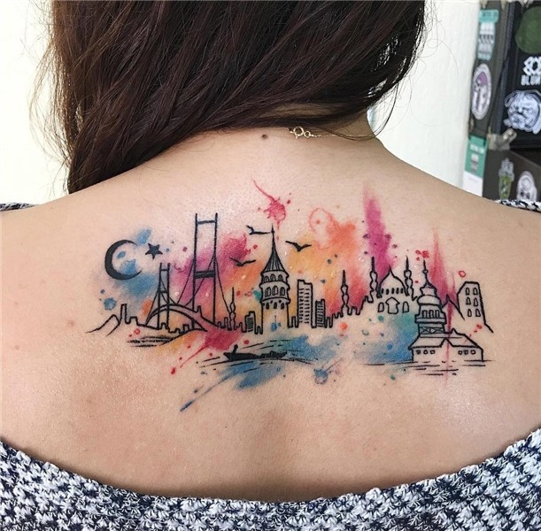 Istanbul City Watercolor Tattoo on Girl's Back