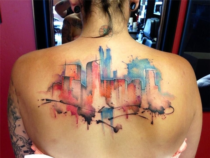 Justin Nordine cityscape back tattoo watercolor Tattoo artis
