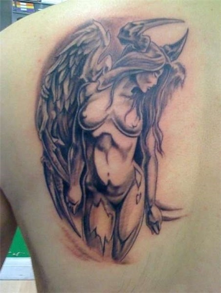 Left Back Shoulder Grey Ink Demon Girl Tattoo