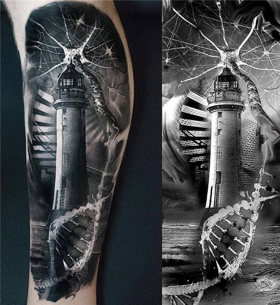 Lighthouse & synapses by Maksims Zotovs. Cool arm tattoos, A