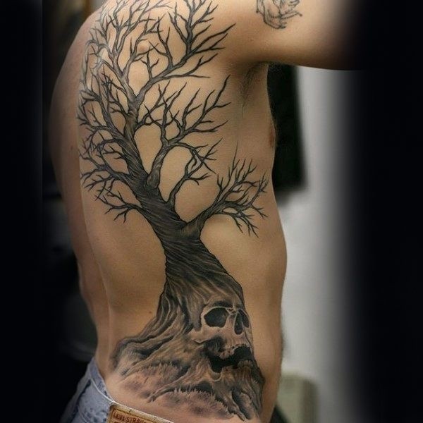 Man With Skull Tree Rib Cage Side And Back Tattoos Mens side