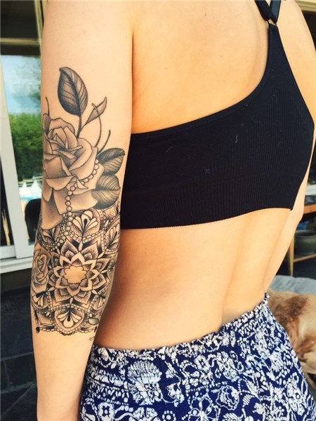 Mandala on elbow and rose Elbow tattoos, Rose tattoos, Tatto