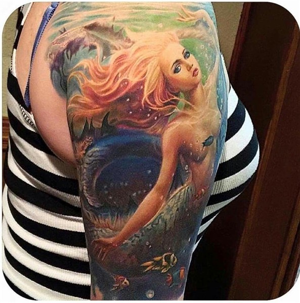 Mermaid tattoo - love it.... Mermaid sleeve tattoos, Mermaid