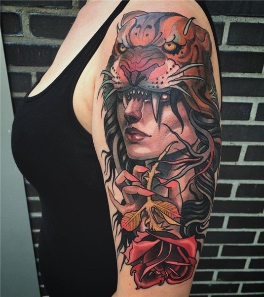 Modern traditional style colored shoulder tattoo of woman po
