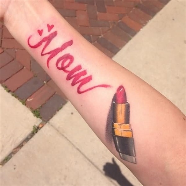 Mom Word With Lipstick Tattoo On Right Forearm