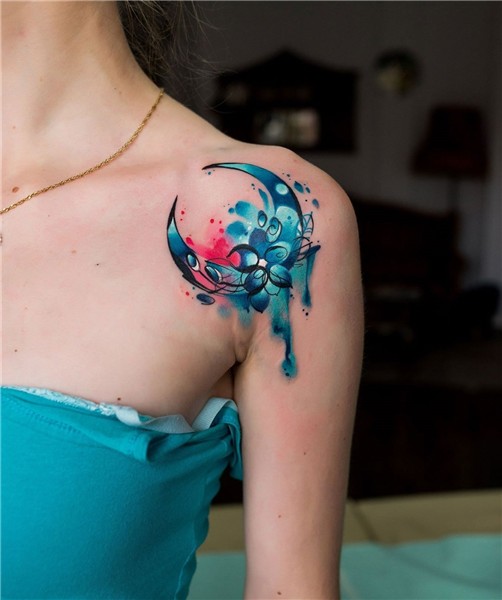 Moon Shoulder Tattoo With Flowers