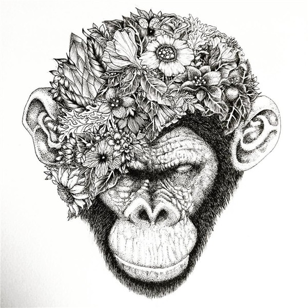 My latest drawing Botanical chimpanzee #chimpanzee #ape #mon