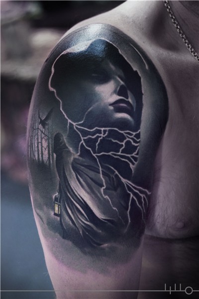 Mystic, forest, lightning, woman, tattoo Done @ Backbone Tat