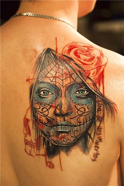 New School Day Of The Dead Tattoo On Back Shoulder