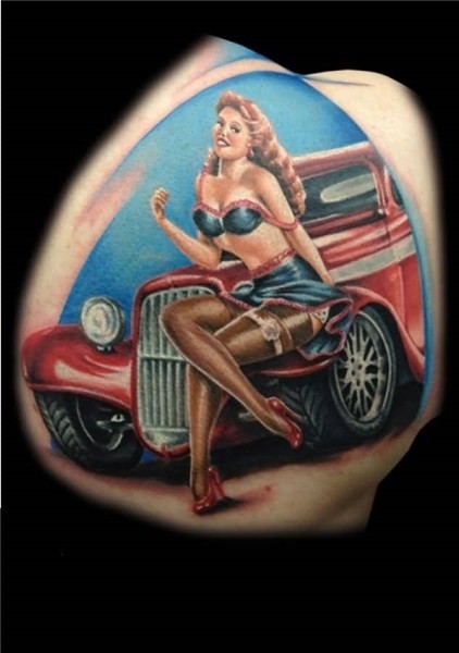 Nice Looking Hot Girl Sitting On Red Car Tattoo Made By Ink