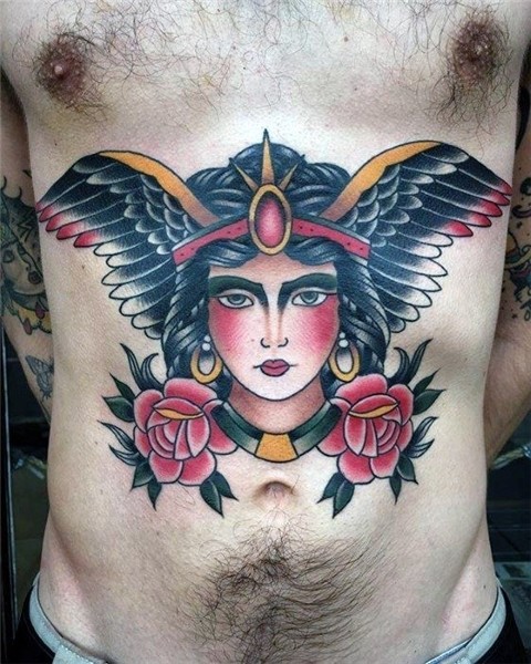 Old School Traditional Chest Norse Male Valkyrie Tattoo Desi
