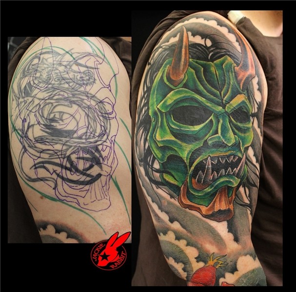 Oni Demon Mask Cover Up Tattoo by Jackie Rabbit Custom Tat.