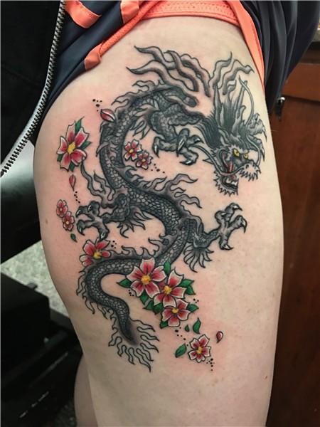 Oriental black dragon thigh tattoo Thigh tattoos women, Side