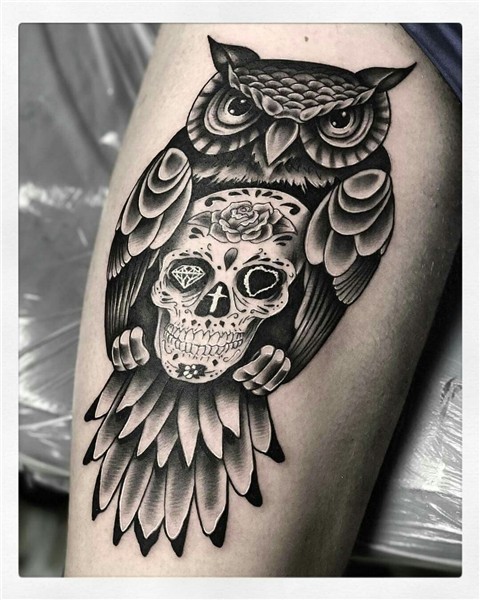 Owl sugar skull thigh tattoo Skull thigh tattoos, Leg tattoo