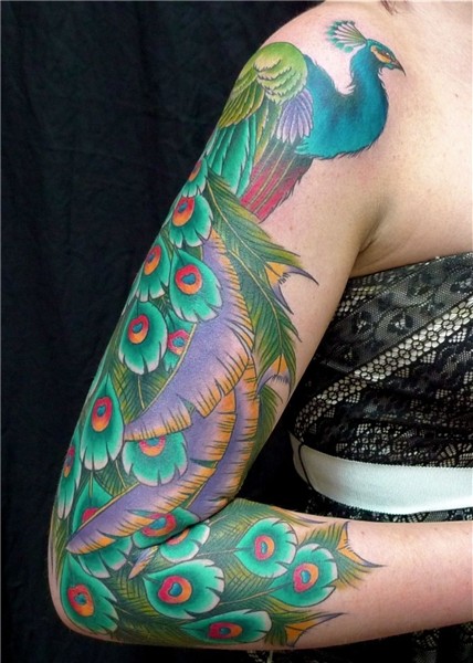 Peacock sleeve. Artist unknown. Peacock tattoo, Birds tattoo