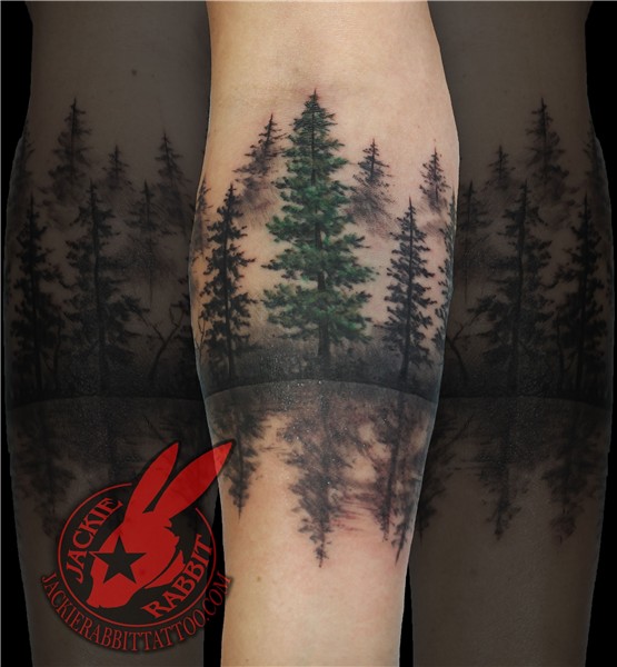 Pine Tree Forest Silhouette Realistic Around Arm Tattoo by J