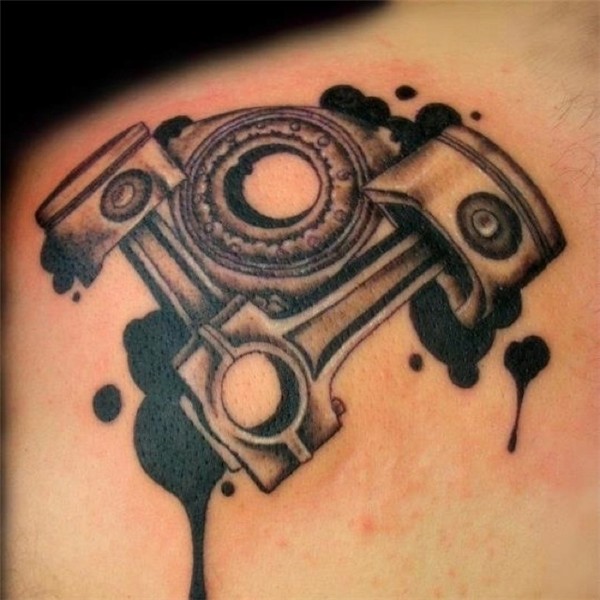 Piston tattoo, love the ink blot/oil drip design to this Pis