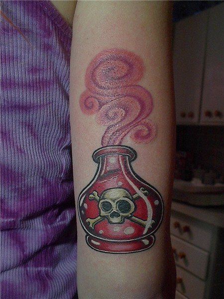 Poison Bottle tattoo Done By Chris May @ Proton Studio Dek.