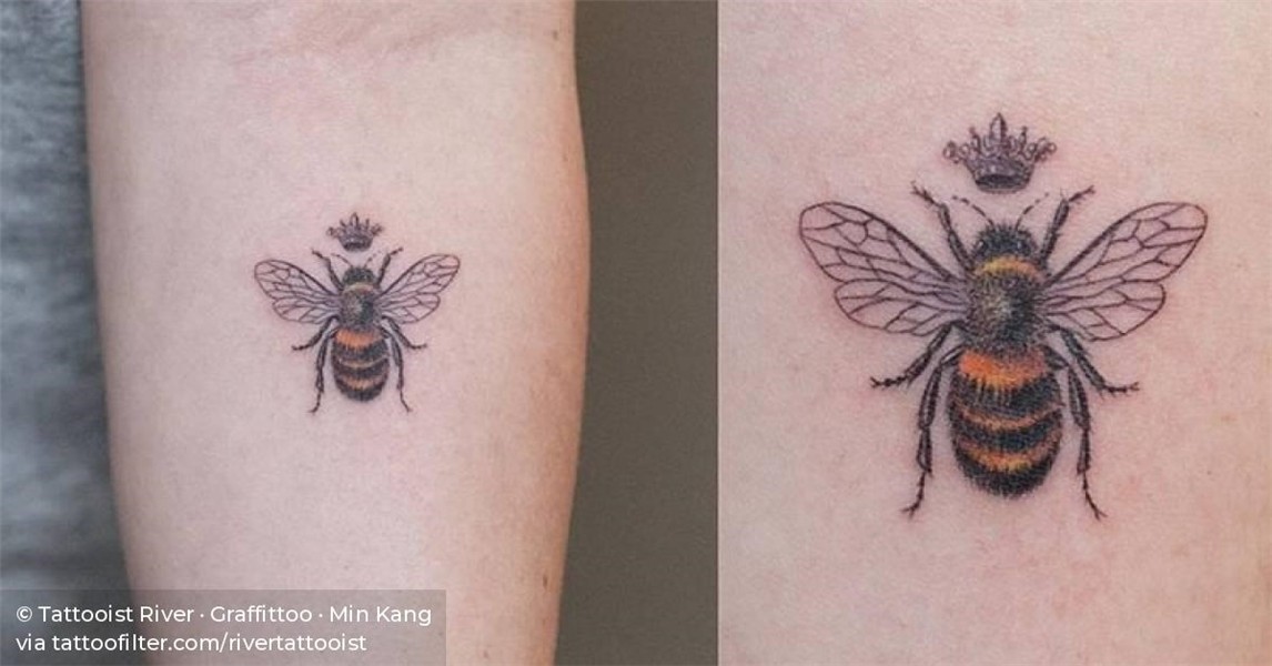 Queen bee tattoo on the left inner forearm.