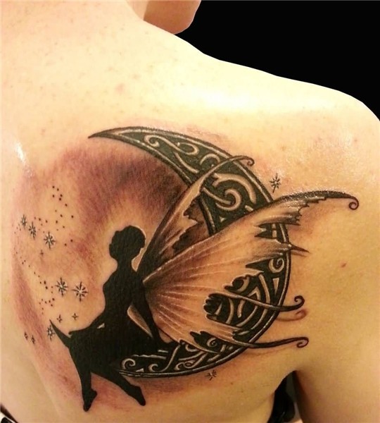 Realistic Fairy On Celtic Half Moon Tattoo On Right Back Sho
