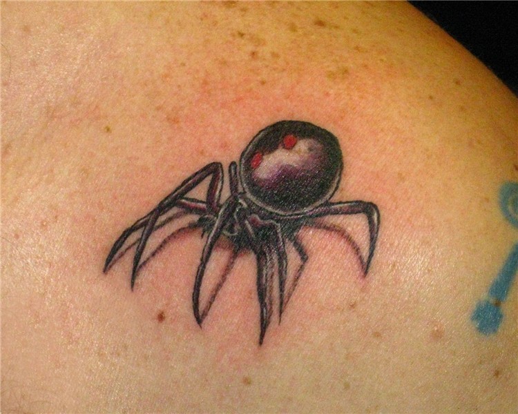 Realistic black widow tattoo on a shoulder by Stacey Blancha