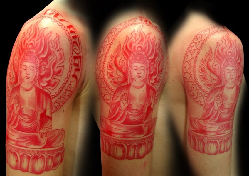 Red Buddha Buddhist tattoo, Red ink tattoos, Buddha tattoo