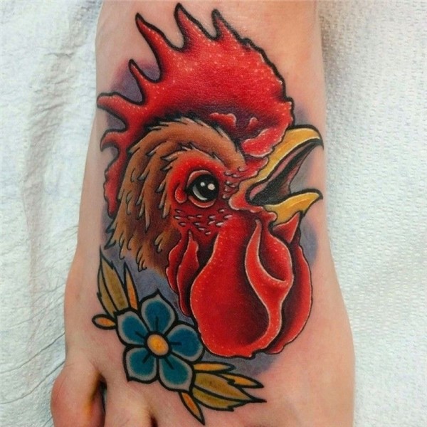 Rooster tattoo on foot with flower Rooster tattoo, Foot tatt