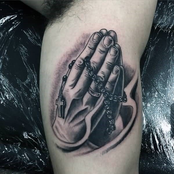 Rosary Cross And Praying Hands Tattoo On Inner Bicep
