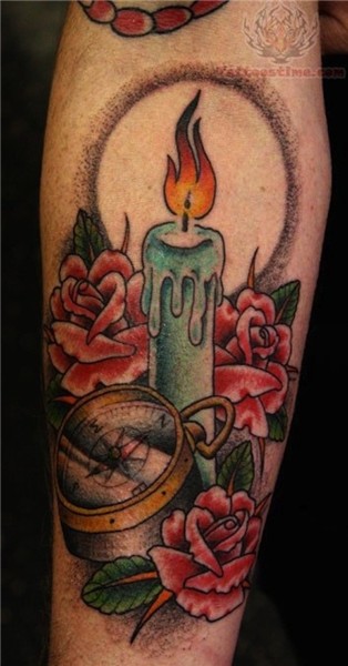 Rose Flowers And Burning Candle Tattoo On Arm Sleeve