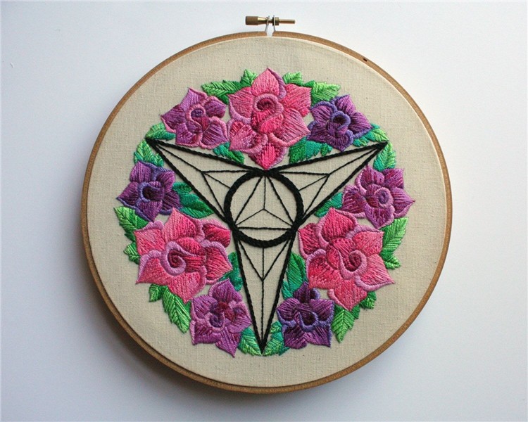 SALE Hand Embroidered Tattoo Art. Geometric Floral Rose Etsy