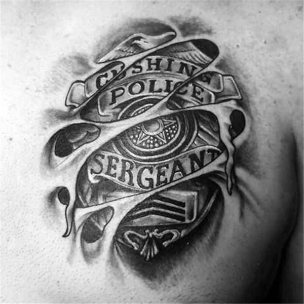 Sergeant Police Badge Ripped Skin Upper Chest Tattoo For Guy