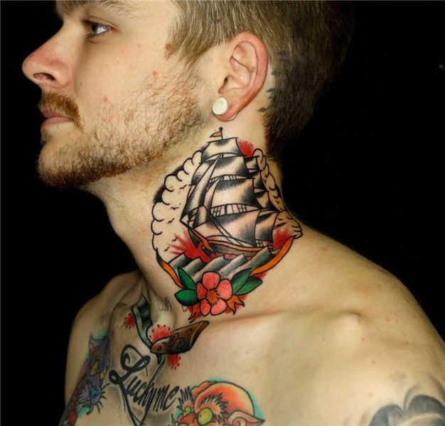 Ship tattoo on neck myke chambers Tattoos by Myke Chambers.