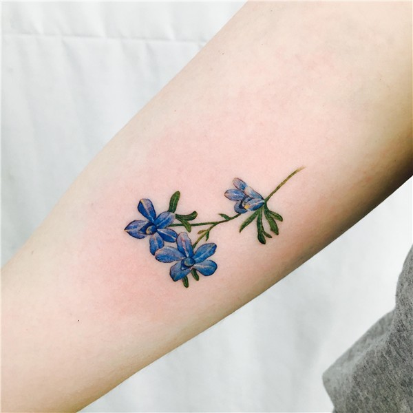 Siberian Larkspur on my upper arm done by Wonseok at Tattoo