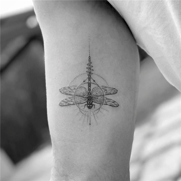 Single needle dragonfly tattoo on Liam Hemsworth's right inn