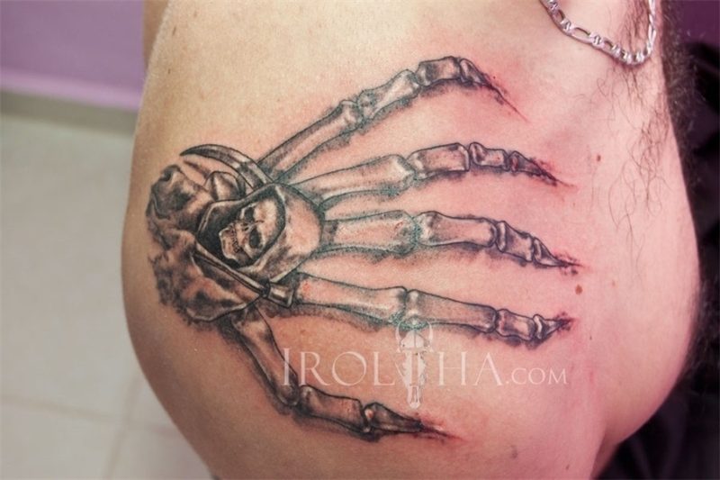 Skeleton Hand Tattoo On Shoulder