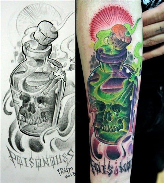 Skull In Poison Bottle Tattoo On Sleeve