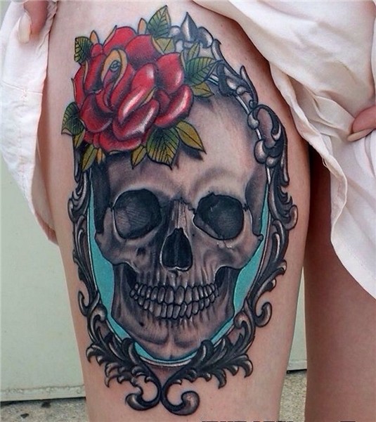 Skull and Rose mirror thigh tattoo Framed tattoo, Tattoos, V