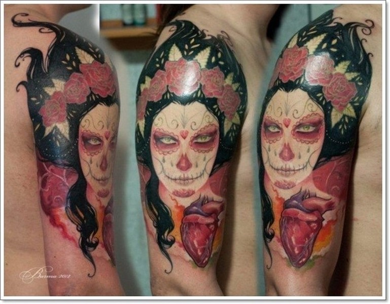 Spooky day of the dead girl and realistic heart tattoo on ha