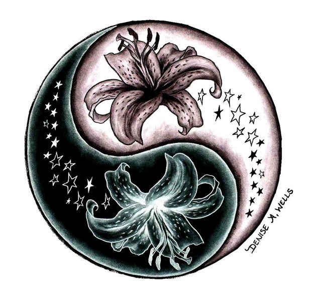 Stargazer Lily and Stars Yin Yang tattoo design by Denise .