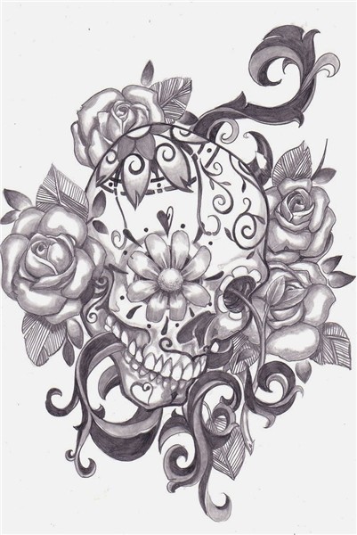 Sugar skull and roses tattoo stencil 31 (click for full size