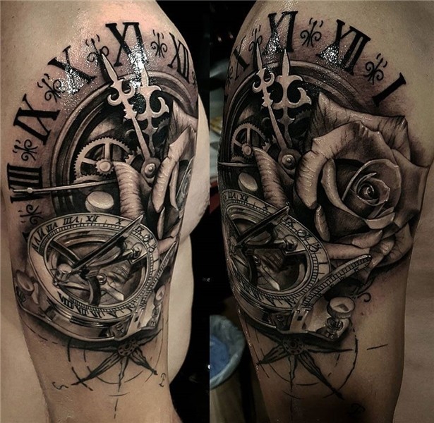 Sundial Compass, Clock & Rose Mens shoulder tattoo, Tattoos
