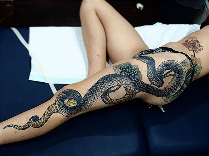 THIEVING GENIUS Leg tattoos women, Snake tattoo design, Leg