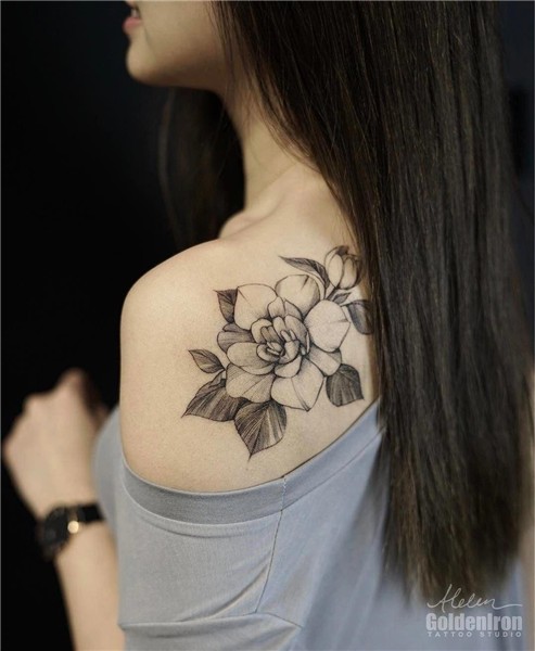 #Tattoosonback Gardenia tattoo, Flower tattoo shoulder, Back