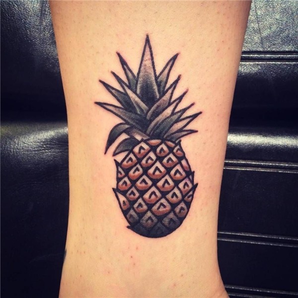 Traditional style pineapple tattoo on the left foot, Pineapp
