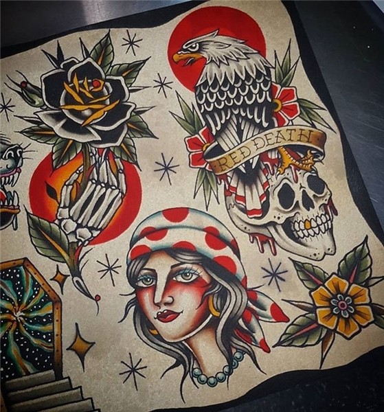 Traditional tattoo flash girl head and eagle by Steven Madri