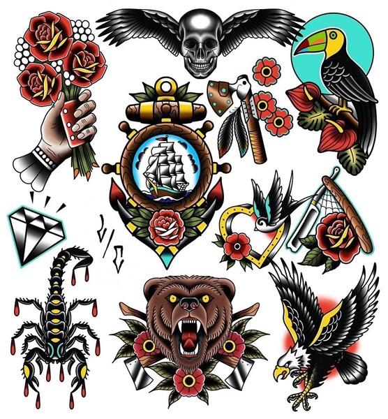 Traditional tattoo flash sheet Traditional tattoo artwork, O